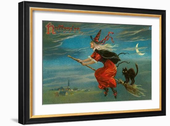 Halloween, Witch and Cat on Broom-null-Framed Art Print
