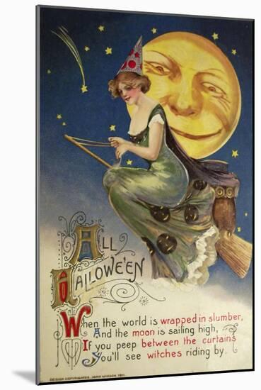 Halloween Witch Greendress Moon-Vintage Apple Collection-Mounted Giclee Print