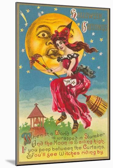 Halloween, Witch in Front of Moon-null-Mounted Art Print