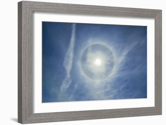 Halo around Full Moon in a Sky of Cirrus Clouds and Contrails-Stocktrek Images-Framed Photographic Print