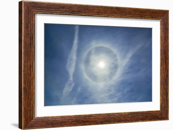 Halo around Full Moon in a Sky of Cirrus Clouds and Contrails-Stocktrek Images-Framed Photographic Print