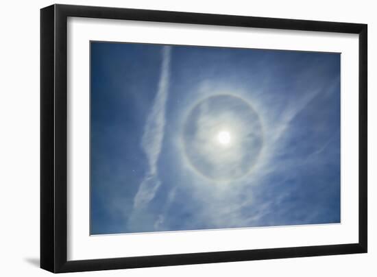 Halo around Full Moon in a Sky of Cirrus Clouds and Contrails-Stocktrek Images-Framed Photographic Print