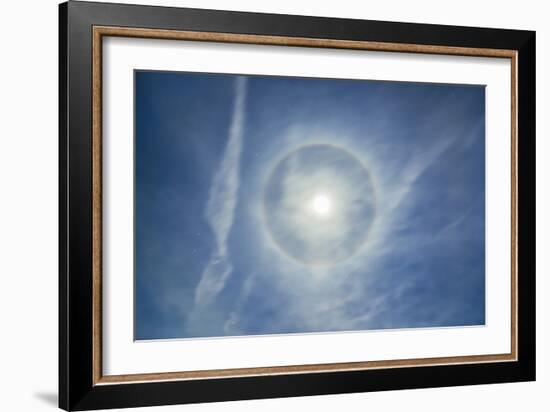 Halo around Full Moon in a Sky of Cirrus Clouds and Contrails-Stocktrek Images-Framed Photographic Print