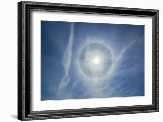 Halo around Full Moon in a Sky of Cirrus Clouds and Contrails-Stocktrek Images-Framed Photographic Print