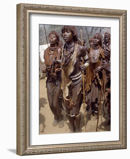 Hamar Women Dance, Sing and Blow Tin Trumpets in 'Jumping of Bull' Ceremony, Omo Delta, Ethiopia-Nigel Pavitt-Framed Photographic Print