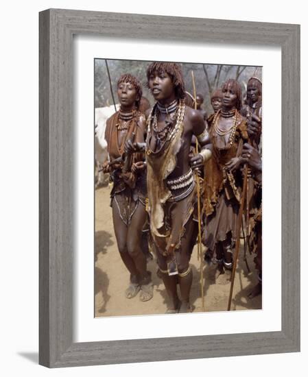 Hamar Women Dance, Sing and Blow Tin Trumpets in 'Jumping of Bull' Ceremony, Omo Delta, Ethiopia-Nigel Pavitt-Framed Photographic Print