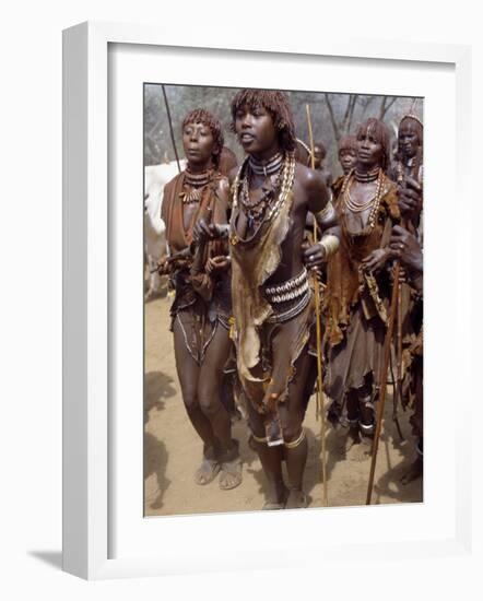 Hamar Women Dance, Sing and Blow Tin Trumpets in 'Jumping of Bull' Ceremony, Omo Delta, Ethiopia-Nigel Pavitt-Framed Photographic Print