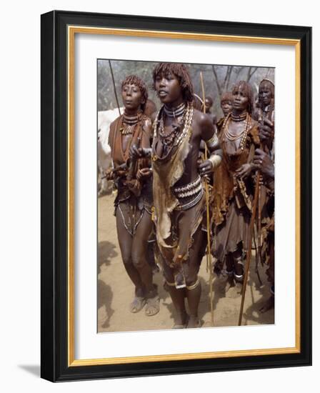 Hamar Women Dance, Sing and Blow Tin Trumpets in 'Jumping of Bull' Ceremony, Omo Delta, Ethiopia-Nigel Pavitt-Framed Photographic Print