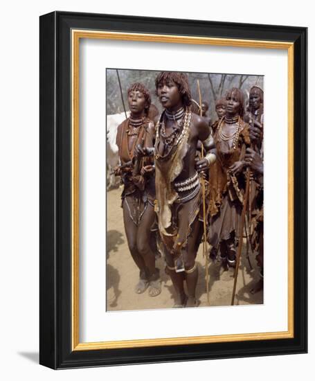 Hamar Women Dance, Sing and Blow Tin Trumpets in 'Jumping of Bull' Ceremony, Omo Delta, Ethiopia-Nigel Pavitt-Framed Photographic Print