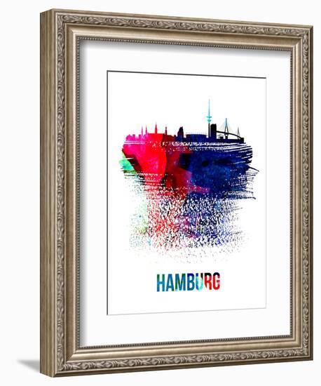 Hamburg Skyline Brush Stroke - Watercolor-NaxArt-Framed Art Print