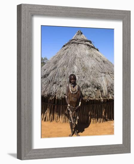 Hamer (Hamar) Girl in Goatskin Dress, Dombo Village, Turmi, Lower Omo Valley, Ethiopia, Africa-Jane Sweeney-Framed Photographic Print
