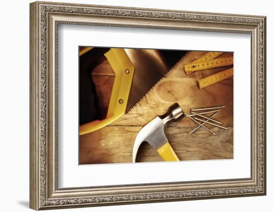 Hammer, Nails, Ruler and Saw on Wood-STILLFX-Framed Photographic Print