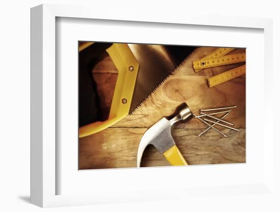 Hammer, Nails, Ruler and Saw on Wood-STILLFX-Framed Photographic Print