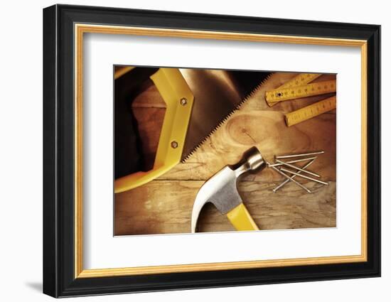 Hammer, Nails, Ruler and Saw on Wood-STILLFX-Framed Photographic Print