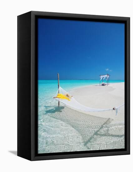 Hammock on Tropical Beach, Maldives, Indian Ocean, Asia-Sakis Papadopoulos-Framed Premier Image Canvas