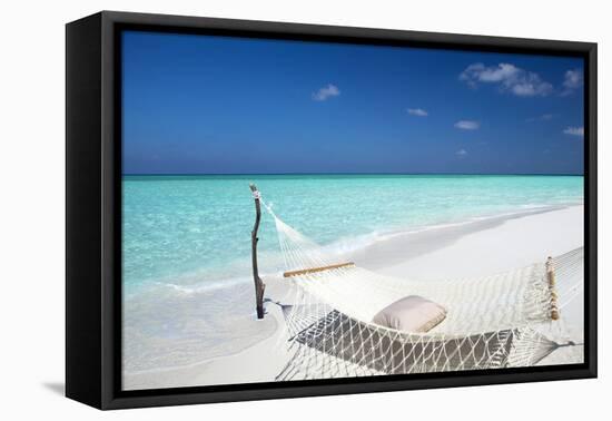 Hammock on Tropical Beach, Maldives, Indian Ocean, Asia-Sakis Papadopoulos-Framed Premier Image Canvas