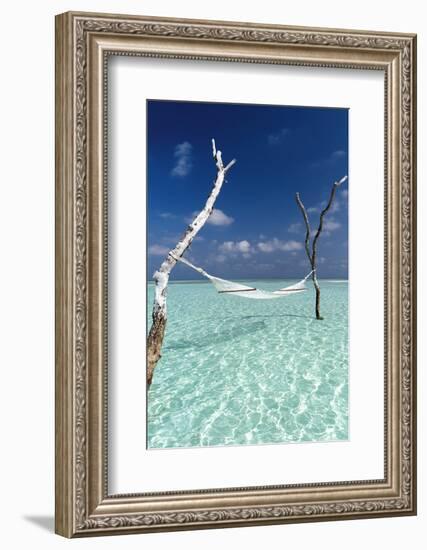 Hammock over the waters of a tropical lagoon, The Maldives, Indian Ocean, Asia-Sakis Papadopoulos-Framed Photographic Print