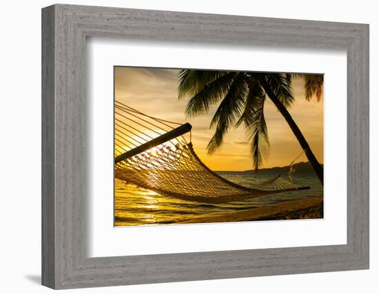 Hammock Silhouette with Palm Trees on a Beautiful Beach at Sunset-Martin Valigursky-Framed Photographic Print