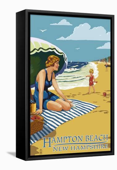 Hampton Beach, New Hampshire - Woman on the Beach-Lantern Press-Framed Stretched Canvas