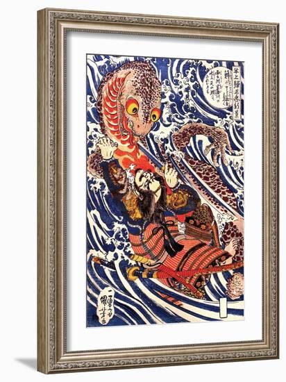 Hanagami Danjo No Jo Arakage Fighting a Giant Salamander-Kuniyoshi Utagawa-Framed Giclee Print