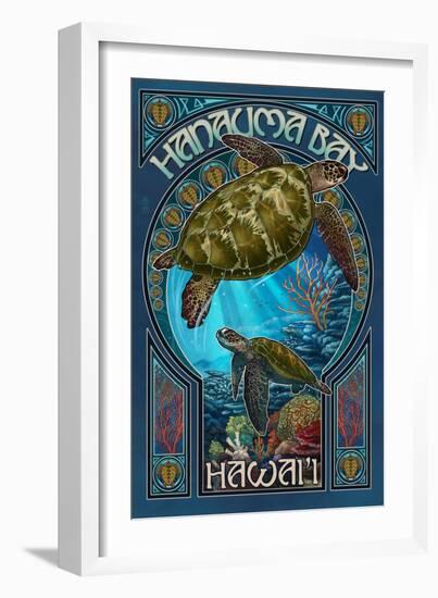 Hanauma Bay, Hawai'i - Sea Turtle - Art Nouveau-Lantern Press-Framed Art Print