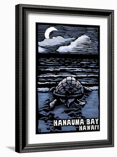 Hanauma Bay, Hawai'i - Sea Turtle - Scratchboard-Lantern Press-Framed Art Print