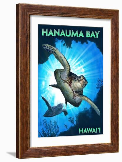 Hanauma Bay, Hawai'i - Sea Turtles Diving-Lantern Press-Framed Art Print