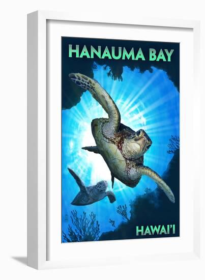 Hanauma Bay, Hawai'i - Sea Turtles Diving-Lantern Press-Framed Art Print