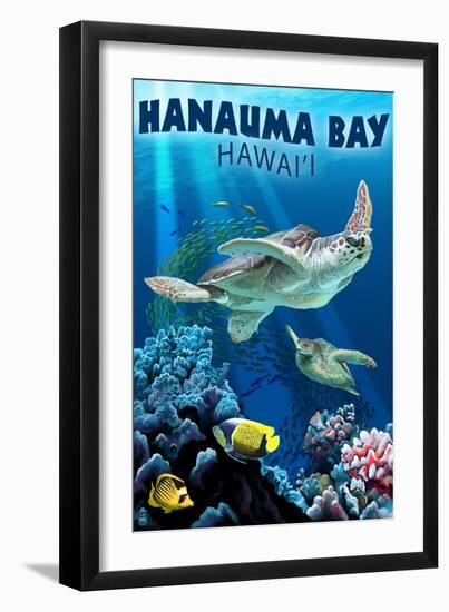 Hanauma Bay, Hawai'i - Sea Turtles Swimming-Lantern Press-Framed Art Print