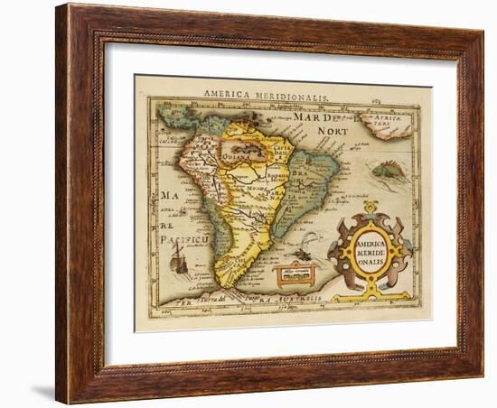 Hand Colored Engraved Map of South America, 1610-Gerardus Mercator-Framed Giclee Print