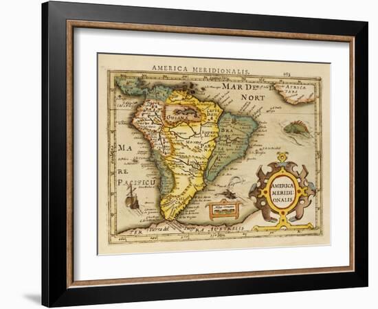 Hand Colored Engraved Map of South America, 1610-Gerardus Mercator-Framed Giclee Print