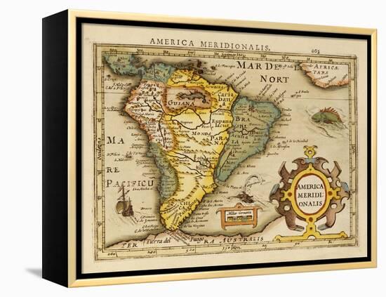 Hand Colored Engraved Map of South America, 1610-Gerardus Mercator-Framed Premier Image Canvas