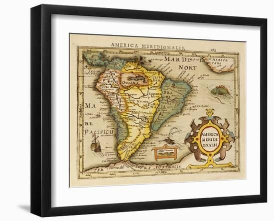 Hand Colored Engraved Map of South America, 1610-Gerardus Mercator-Framed Giclee Print