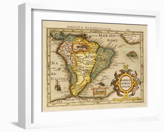 Hand Colored Engraved Map of South America, 1610-Gerardus Mercator-Framed Giclee Print