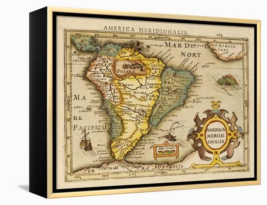 Hand Colored Engraved Map of South America, 1610-Gerardus Mercator-Framed Premier Image Canvas