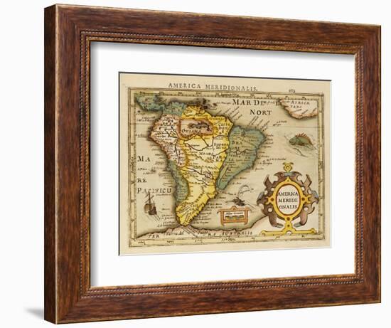 Hand Colored Engraved Map of South America, 1610-Gerardus Mercator-Framed Giclee Print