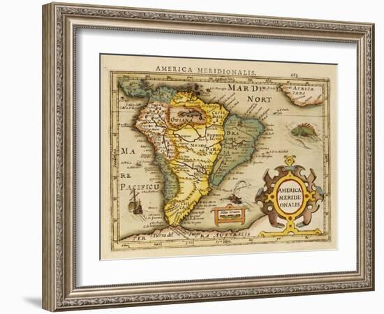 Hand Colored Engraved Map of South America, 1610-Gerardus Mercator-Framed Giclee Print