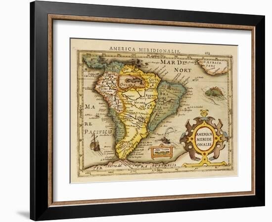 Hand Colored Engraved Map of South America, 1610-Gerardus Mercator-Framed Giclee Print