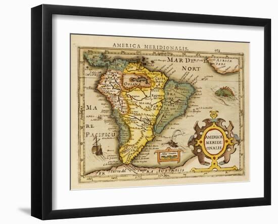 Hand Colored Engraved Map of South America, 1610-Gerardus Mercator-Framed Giclee Print