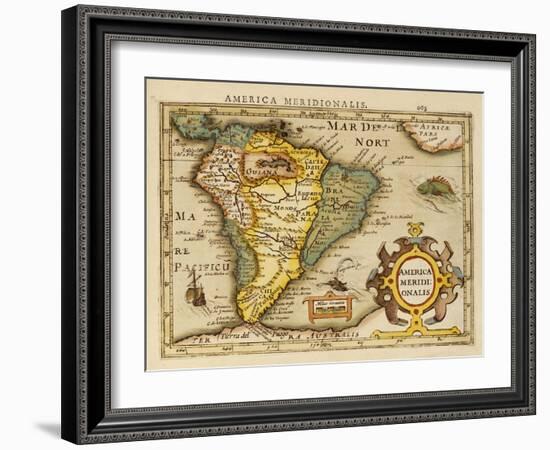 Hand Colored Engraved Map of South America, 1610-Gerardus Mercator-Framed Giclee Print