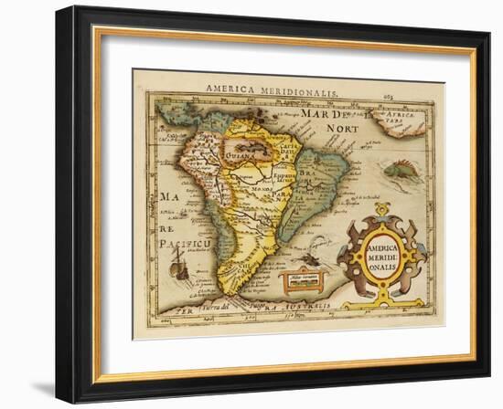 Hand Colored Engraved Map of South America, 1610-Gerardus Mercator-Framed Giclee Print