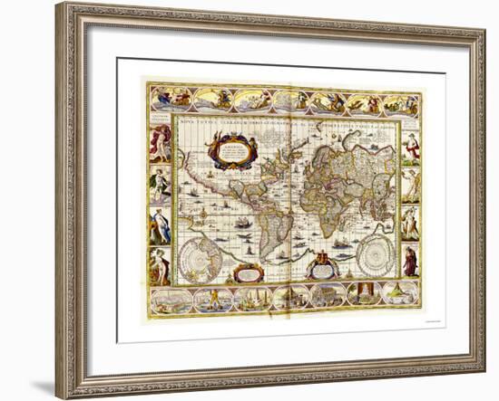 Hand Colored Engraved World Map, 1649--Framed Giclee Print