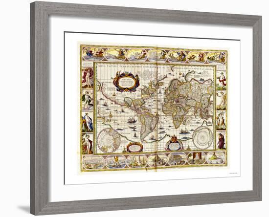 Hand Colored Engraved World Map, 1649-null-Framed Giclee Print