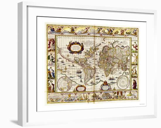 Hand Colored Engraved World Map, 1649-null-Framed Giclee Print