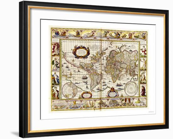 Hand Colored Engraved World Map, 1649-null-Framed Giclee Print