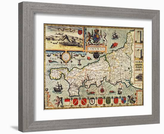 Hand-Coloured Map of Cornwall from the 1627 Edition of "Theatre of the Empire of Great Britain"-null-Framed Giclee Print