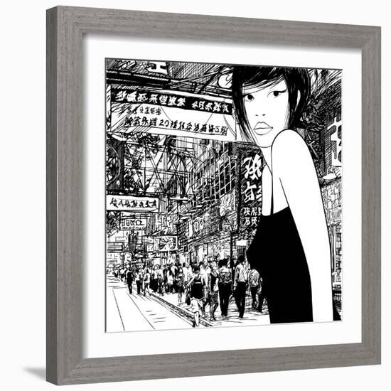 Hand Drawing of a Chinese Girl in Hong Kong (Vector) (All the Signs are Fictitious)-isaxar-Framed Art Print
