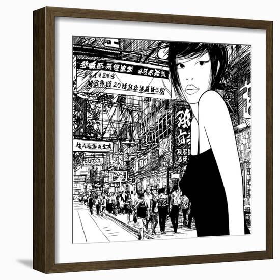 Hand Drawing of a Chinese Girl in Hong Kong (Vector) (All the Signs are Fictitious)-isaxar-Framed Art Print