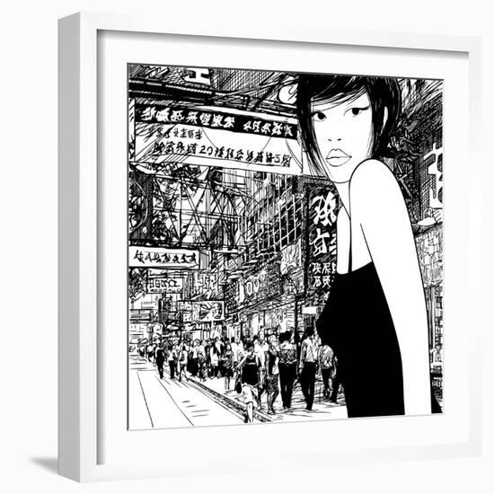 Hand Drawing of a Chinese Girl in Hong Kong (Vector) (All the Signs are Fictitious)-isaxar-Framed Art Print