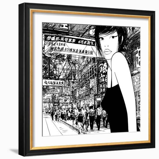 Hand Drawing of a Chinese Girl in Hong Kong (Vector) (All the Signs are Fictitious)-isaxar-Framed Art Print